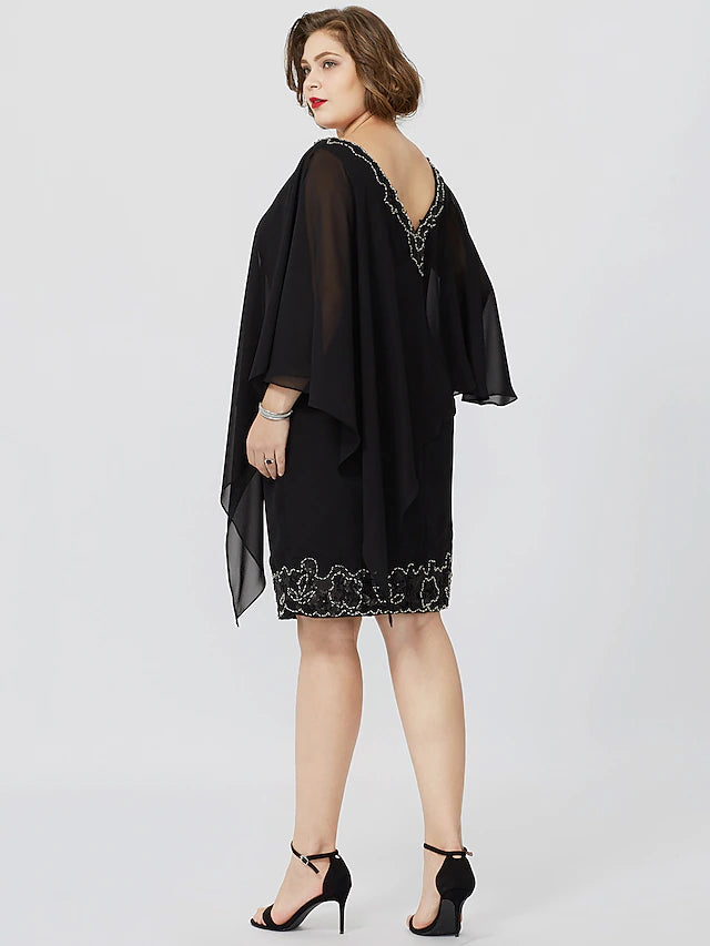 Etuikleid/Säulenkleid für die Mutter der Braut, formell, klassisch und zeitlos, elegant und luxuriös, Übergröße, V-Ausschnitt, knielang, Chiffon, ärmellos, nein, mit Kristallen und Perlen